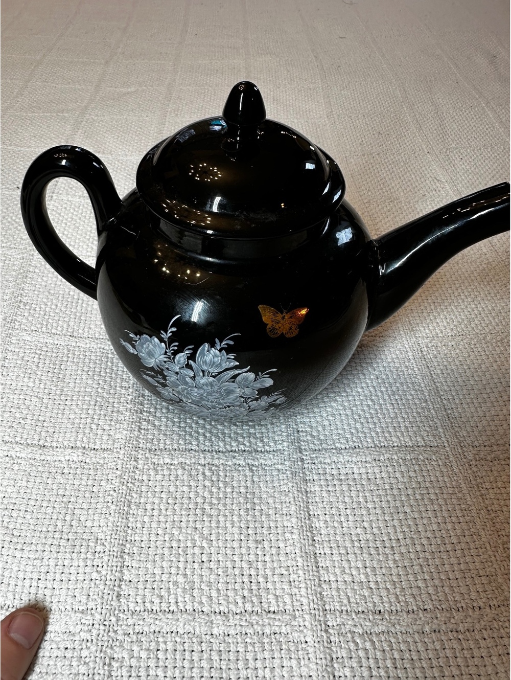 Vintage Black Ceramic Teapot with White Floral and Gold Butterfly Design